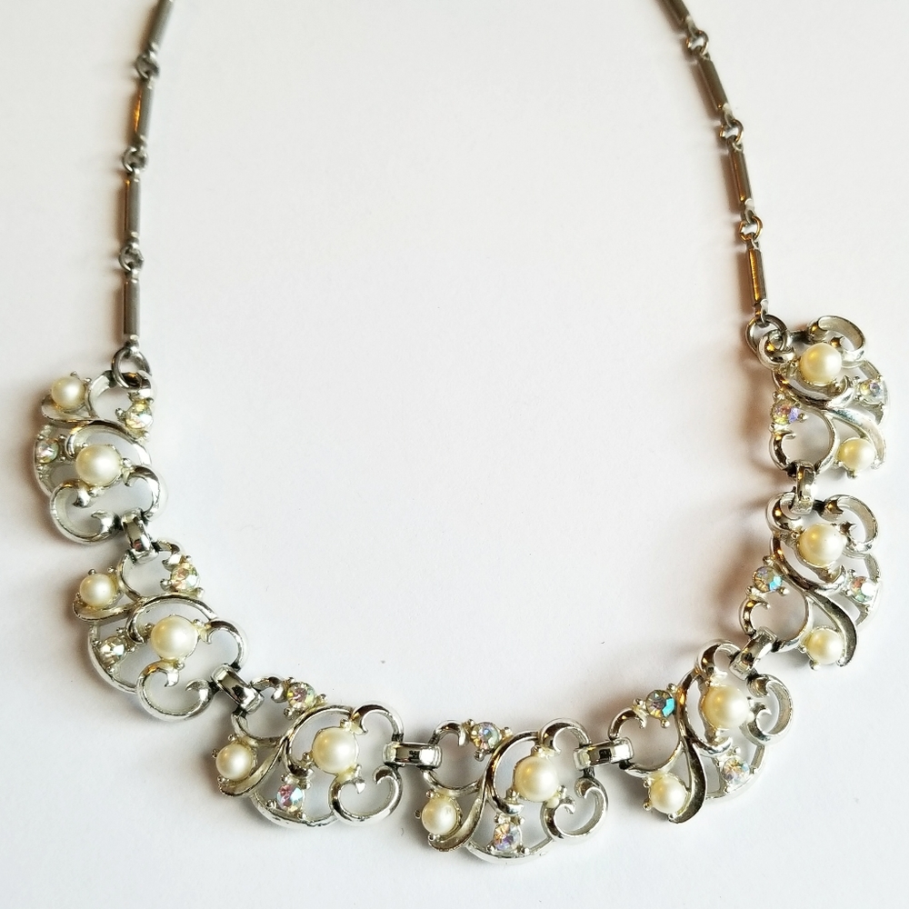 Vintage necklace pearls aurora borealis silver ab aurora borealis adjustable